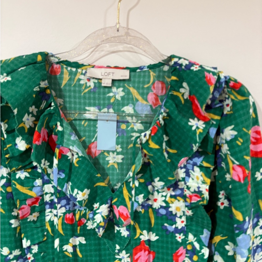 Loft Floral Green Ruffle Blouse - Picture 4 of 8
